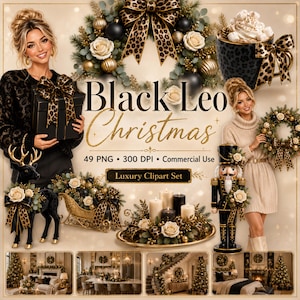 Pode incluir: Uma coleção digital de cliparts de luxo Black Leo Christmas com uma guirlanda, uma caixa de presente, uma caneca, uma rena, um trenó, um quebra-nozes e velas, decorados com laços de leopardo, ornamentos dourados e rosas brancas em fundo bege.