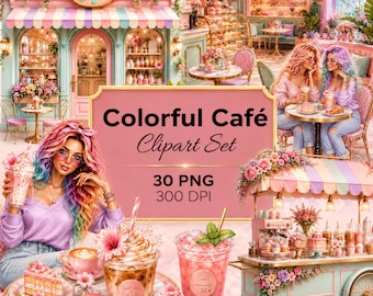 Colorful Café Clipart Set of 30 PNGs | Pastel Coffee House Images | Summer Graphics for Friends | Free for Commercial Use | Digital Download