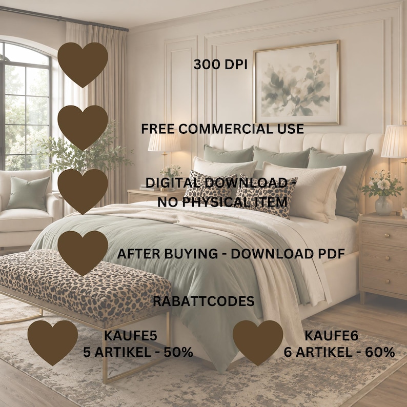 May include: A digital bedroom interior scene featuring a bed with sage green bedding, a leopard print bench, and text overlays: 300 DPI, FREE COMMERCIAL USE, DIGITAL DOWNLOAD - NO PHYSICAL ITEM, AFTER BUYING - DOWNLOAD PDF, RABATTCODES, KAUFE5 5 ARTIKEL - 50%, KAUFE6 6 ARTIKEL - 60%.