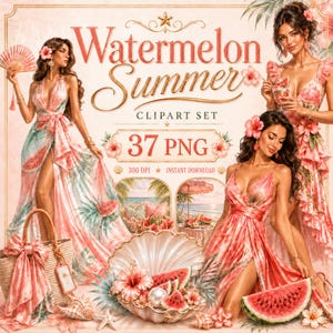 Watermelon Summer Clipart PNG Set, 37 Wassermelonen-Motive, Beach Club, Pool, Sommermode, kommerzielle Nutzung