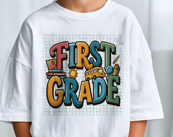 Paquete PNG de regreso a clases para primer grado / Diseño PNG floral de rayas modernas para maestros o estudiantes para el primer día de clases / Descarga digital