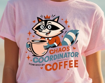 Raccoon Chaos Coordinator PNG Sublimation, Powered by Coffee Funny Teacher Mom Shirt Design, Raccoon Coffee PNG Digital Download