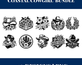Paquete de 10 vaqueras costeras, PNG para despedida de soltera, vaquera occidental, parche de sombrero,