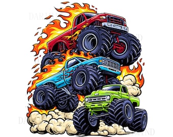 Monster Truck PNG, Flames Boys Sublimation Design, Kids Truck Clipart, Big Wheel Monster Truck Digital Download, Print on Demand, DTF DTG