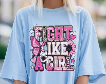 Breast Cancer Awareness PNG, Fight Like A Girl Sublimation Design, Pink Ribbon Sunflower Butterfly PNG, Cancer Support Sublimate Download