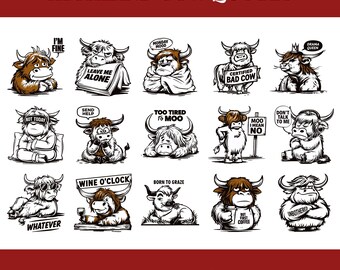 Paquete de imágenes divertidas de vacas de las Tierras Altas, imágenes PNG de vacas de las Tierras Altas, imágenes PNG de vacas sarcásticas (descarga digital)