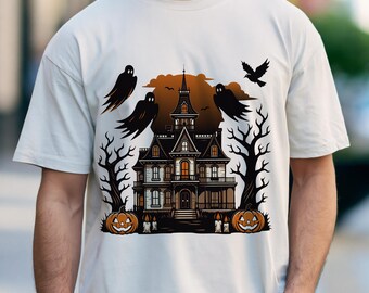 Casa embrujada PNG, Hey Boo PNG, Diseño de sublimación de Halloween, Mansión gótica espeluznante, Camiseta victoriana de Halloween PNG