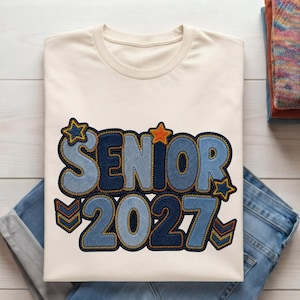 Senior 2027 PNG Denim Patch Design Class Of 2027 Varsity Sublimation Graduation Senior Night Sunfade PNG Digitale Download