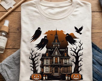 Haunted House PNG, Hey Boo PNG, Halloween Sublimation Design, Spooky Gothic Mansion, Victorian Halloween Shirt PNG