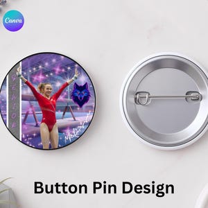 May include: Button pin design featuring a gymnast in a red leotard with arms raised. The pin has a purple and white background with the word "Senior" and a wolf graphic. The pin is round with a metal back.