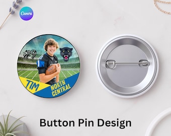 May include: A round button pin design featuring a football player holding a football. The pin has a photo of the player, the text "Tim" and "North Central", and a panther logo. The pin is white with a metal back.