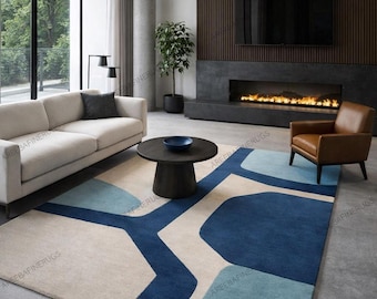 Luxe modern vloerkleed – abstract blauwbeige eigentijds tapijt
