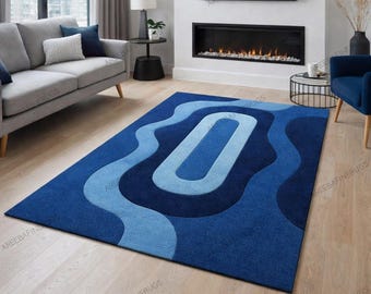 Geometric Blue Area Rug Modern Abstract Style, Soft Rug for Living Room Decor