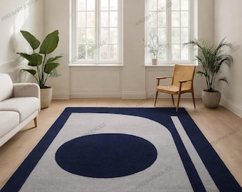 Modern Geometric Area Rug, Navy Blue Abstract Rug for Living Room, Minimalist Home Decor