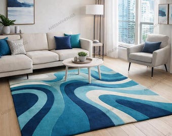 Ocean Blue Abstract Rug, Wave Pattern Modern Area Rug