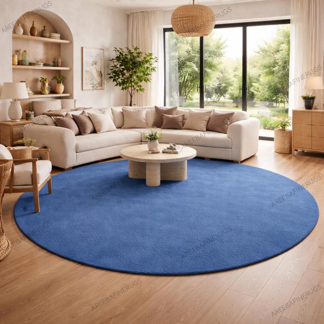 Designer Round Rug, Solid Blue Area Rug, Contemporary Decor - Etsy