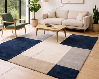 Blue Beige Area Rug – Contemporary Geometric Rug for Modern Home Decor