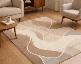 Beige Modern Area Rug, Abstract Minimal Rug, Contemporary Living Room Carpet