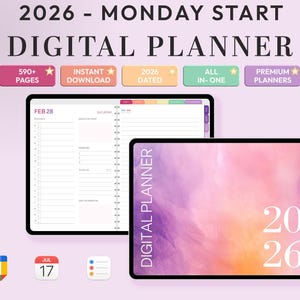 May include: Digital planner for 2026 with a Monday start. The image shows two tablets displaying the planner's interface, with the text "DIGITAL PLANNER" and "2026". Features include 590+ pages, instant download, and Apple & Google integration.