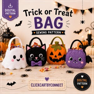 May include: A digital sewing pattern for four felt trick or treat bags featuring a white ghost, a black cat with a purple bow tie, an orange pumpkin, and a purple bat. The text reads Trick or Treat BAG SEWING PATTERN and CLICKCARTBYCONNECT.