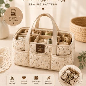 May include: A beige multi-compartment storage bag with a delicate brown floral pattern, featuring two handles, exterior pockets, and a brown leather-style label reading Handmade. The text reads Multi-Compartment Storage Bag SEWING PATTERN, Digital Pattern, Beginner Friendly, Step-By-Step Guide, Practical & Reusable, ClickCartByConnect, Create Sew Organize, For A More Organized Tomorrow.