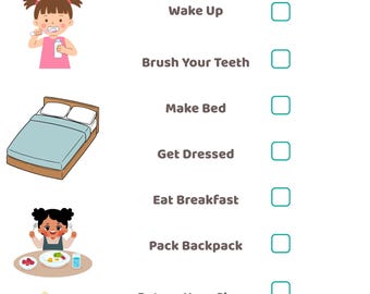 Puede incluir: Una lista de verificación de rutina matutina imprimible con ilustraciones y texto. La lista de verificación incluye tareas como despertarse, cepillarse los dientes, hacer la cama, vestirse, desayunar, empacar la mochila y ponerse los zapatos. El texto dice "Mi rutina matutina".