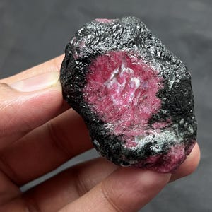 Op de afbeelding: Een ruwe, ongeslepen robijn edelsteen met een levendige rode kern en een donkere, getextureerde buitenkant. Het midden van de robijn vertoont een opvallend contrast met zijn dieprode kleur en witte adering, wat de natuurlijke schoonheid benadrukt. De steen wordt in een hand gehouden.