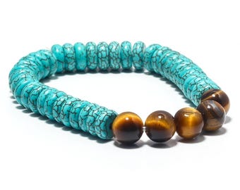 Natural Tiger Eye & Turquoise Beads Bracelet | 8MM Protection Balance Healing Energy Jewelry