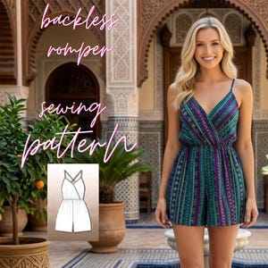 May include: A backless romper sewing pattern featuring a sleeveless design with a V-neckline, thin spaghetti straps, and a vertical striped pattern in shades of teal, purple, and green, shown as a technical line drawing illustration.