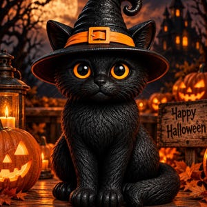 Puede incluir: Una figura de gato negro con grandes ojos naranjas que lleva un sombrero de bruja negro con una banda y hebilla naranja. El gato tiene pelaje texturizado y está sentado. La escena incluye una linterna encendida, calabazas y un letrero Happy Halloween.