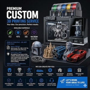 Pode incluir: Um anúncio de serviço de impressão 3D com uma impressora Bambu Lab X1-Carbon e unidade AMS. São exibidos um dragão cinza, um capacete, um castelo, um bloco de motor azul, um busto feminino e um modelo de carro esportivo vermelho numa base.