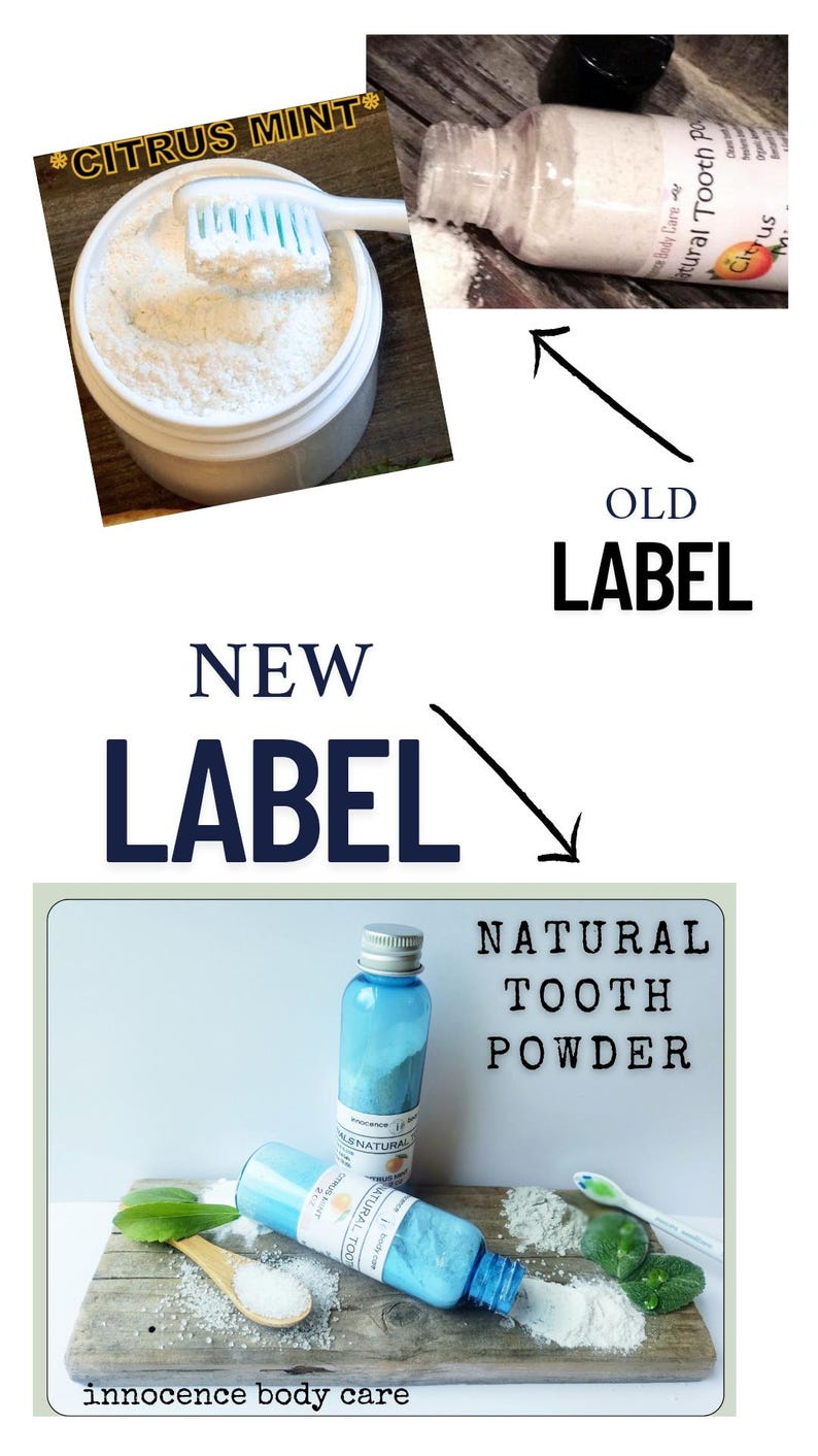 May include: Image of natural tooth powder products. One image shows a white container with a toothbrush, and the text "CITRUS MINT". Another image shows a blue bottle with the text "NATURAL TOOTH POWDER". The text "innocence body care" is also visible.