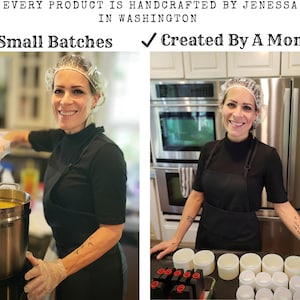 May include: Two images of a woman in a kitchen, wearing a black apron and hairnet, smiling at the camera. The text reads: "EVERY PRODUCT IS HANDCRAFTED BY JENESSA IN WASHINGTON." and "Small Batches" and "Created By A Mom of 5."