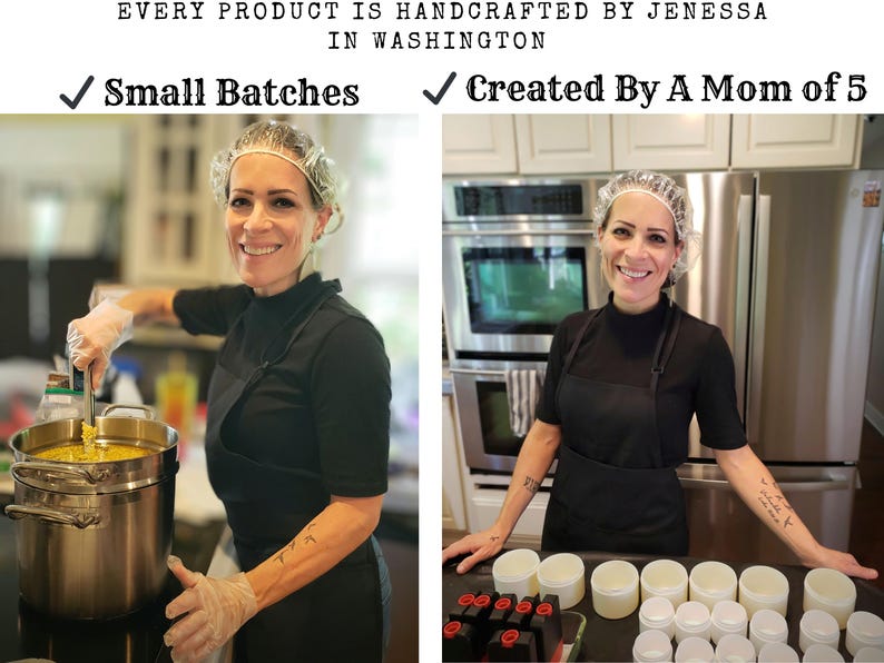 May include: Two images of a woman in a kitchen, wearing a black apron and hairnet, smiling at the camera. The text reads: "EVERY PRODUCT IS HANDCRAFTED BY JENESSA IN WASHINGTON." and "Small Batches" and "Created By A Mom of 5."