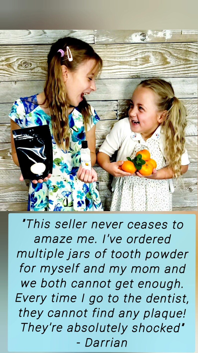 May include: Two girls smiling, holding products. One holds a black pouch with a white design, the other a small bottle and oranges. The background is a wooden wall. Text on the bottom praises the seller.