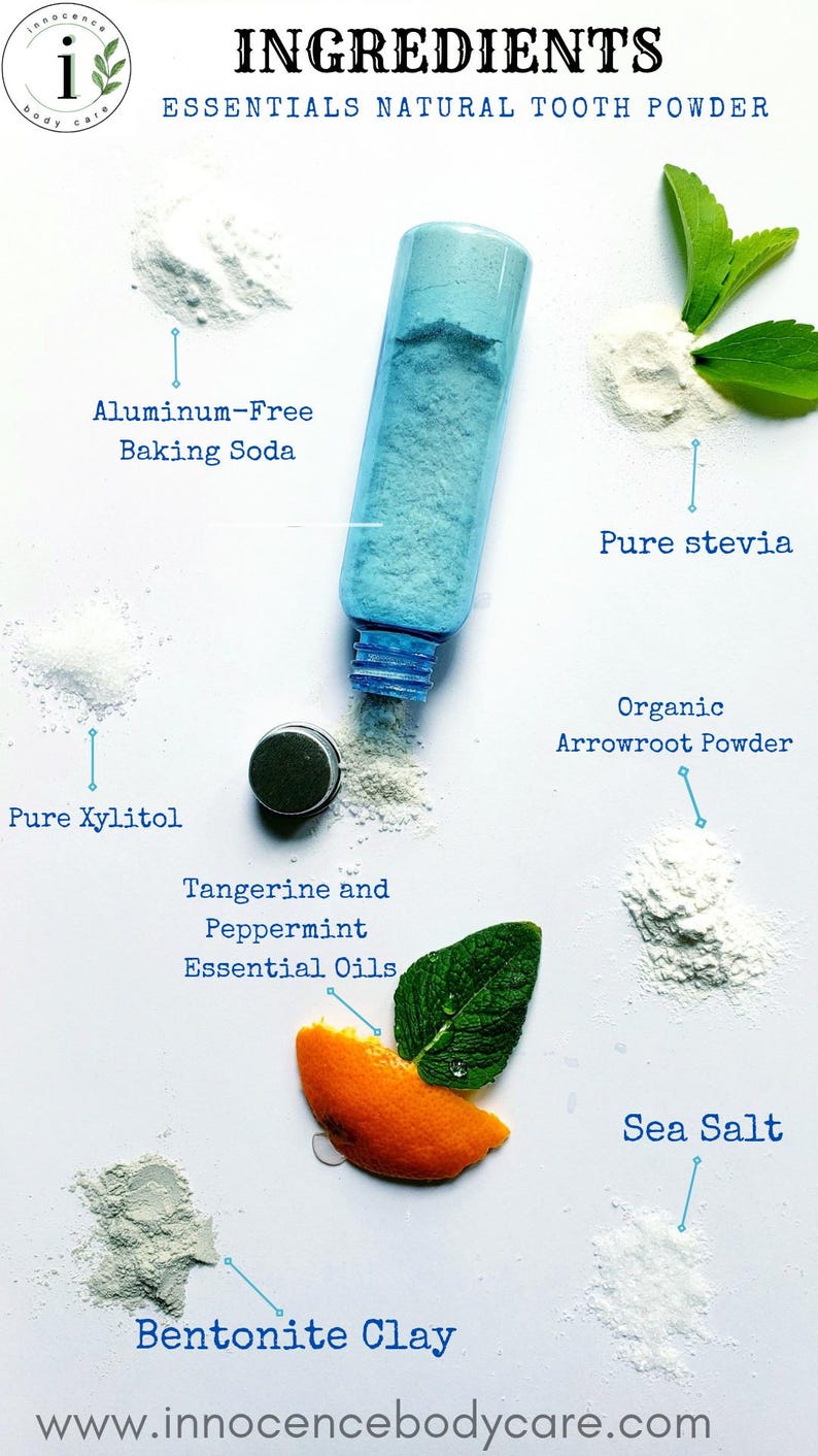 May include: Image showing ingredients for natural tooth powder: aluminum-free baking soda, pure stevia, pure xylitol, tangerine and peppermint essential oils, organic arrowroot powder, sea salt, and bentonite clay. A blue container is in the centre.