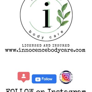 May include: The Innocence Body Care logo, featuring a circular design with the brand name and a central 'i'. The image also displays the website address, social media icons, and a prompt to follow on Instagram and Facebook.