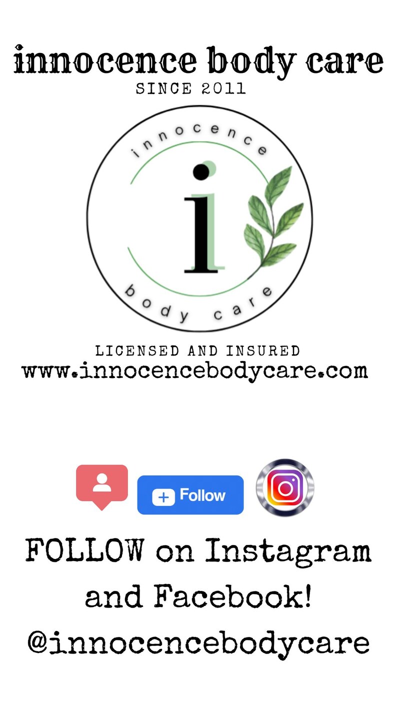 May include: The Innocence Body Care logo, featuring a circular design with the brand name and a central 'i'. The image also displays the website address, social media icons, and a prompt to follow on Instagram and Facebook.