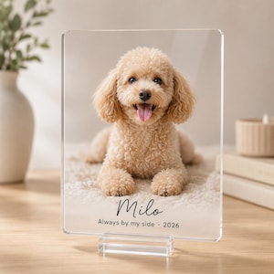 Peut inclure: Un bloc photo rectangulaire en acrylique transparent présentant l'image imprimée d'un chien au pelage bouclé brun clair. Le texte "Milo" est imprimé en écriture cursive au-dessus de "Always by my side • 2026" en police sans empattement.