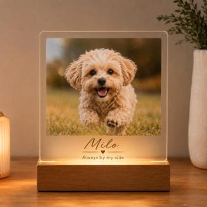 May include: A rectangular acrylic photo plaque featuring a light-colored puppy running on grass, set in a wooden base. The plaque displays the name Milo above a small heart icon and the text Always by my side in a dark, elegant script font.