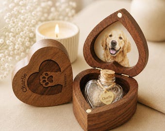 Caixa de recordações personalizada para pelos de animais de estimação, garrafa memorial para cães e gatos com foto e pingente gravado.