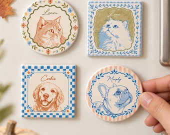 Custom Ceramic Pet Portrait Fridge Magnet, Floral Background, Personalized Gift