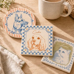 Custom Pet Portrait Ceramic Coaster with Name, Vintage Floral Design