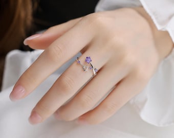 Women's Purple Zircon Star Ring | S925 Sterling Silver Adjustable Band | Women's Jewelry | Bridal Ring | Bridesmaid Gift