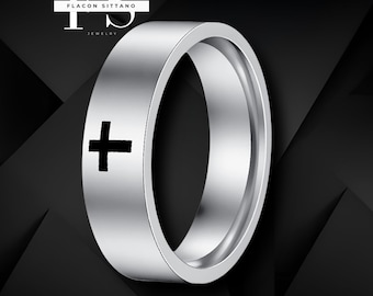 Anillo con cruz, alianza cristiana minimalista de acero inoxidable para hombres y mujeres.
