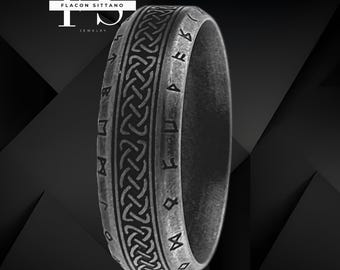 Anillo con runas vikingas, banda de nudo celta de acero inoxidable negro para hombres y mujeres.