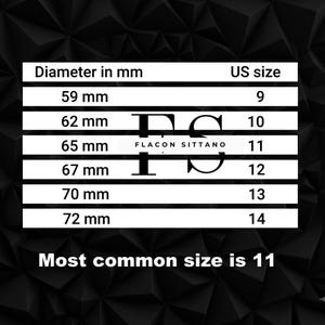 Puede incluir: Una tabla blanca con texto negro que muestra tallas de anillos. La tabla enumera el di&aacute;metro del anillo en mil&iacute;metros y las tallas estadounidenses correspondientes, que van de la talla 9 a la 14. El texto "Most common size is 11" est&aacute; en la parte inferior.