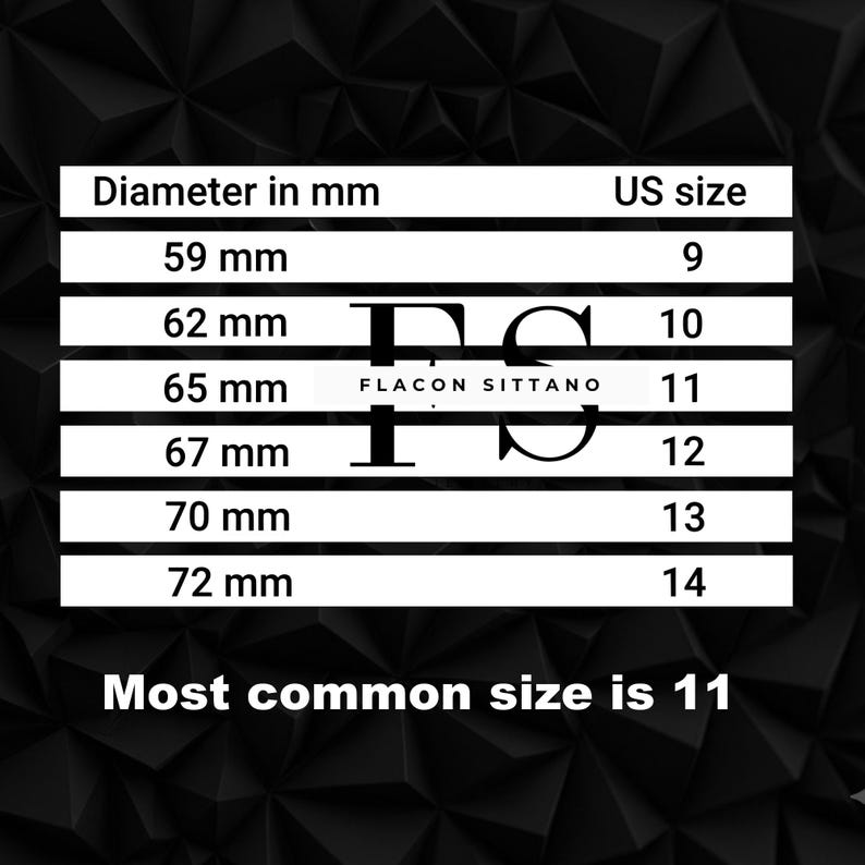 Puede incluir: Una tabla blanca con texto negro que muestra tallas de anillos. La tabla enumera el di&aacute;metro del anillo en mil&iacute;metros y las tallas estadounidenses correspondientes, que van de la talla 9 a la 14. El texto "Most common size is 11" est&aacute; en la parte inferior.