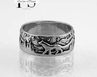 Anillo Wolf Pack, anillo tallado con paisaje de bosque y montaña para mujer