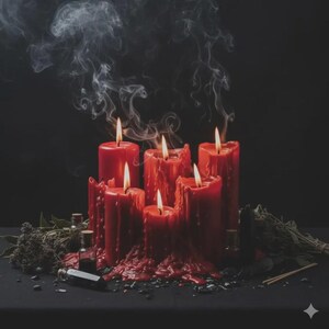 K&ouml;nnte beinhalten: Eine Ansammlung roter Kerzen mit geschmolzenem Wachs, brennenden Flammen und Rauch vor dunklem Hintergrund. Kleine Glasflaschen und getrocknete Kr&auml;uter sind in der N&auml;he angeordnet, was eine mystische Atmosph&auml;re schafft.